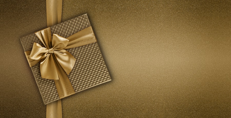 merry christmas gift card with gift brown golden box with ribbon bow, isolated on glitter background, top view and copy space template, layout for best wishes or mother, father day shopping concept